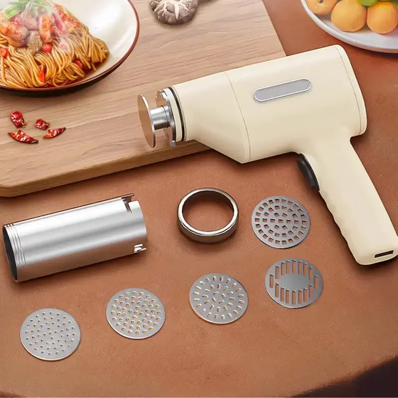 Pasta Machine Electric - เครื่องทําพาสต้าไร้สายไฟฟ้าในครัวเรือนเครื่องทําเส้นก๋วยเตี๋ยวอัตโนมัติสําหรับห้องครัว 5 รูปร่างพาสต้าที่ถอดออกได้ทําความสะอาดง่ายเครื่องทําพาสต้า
